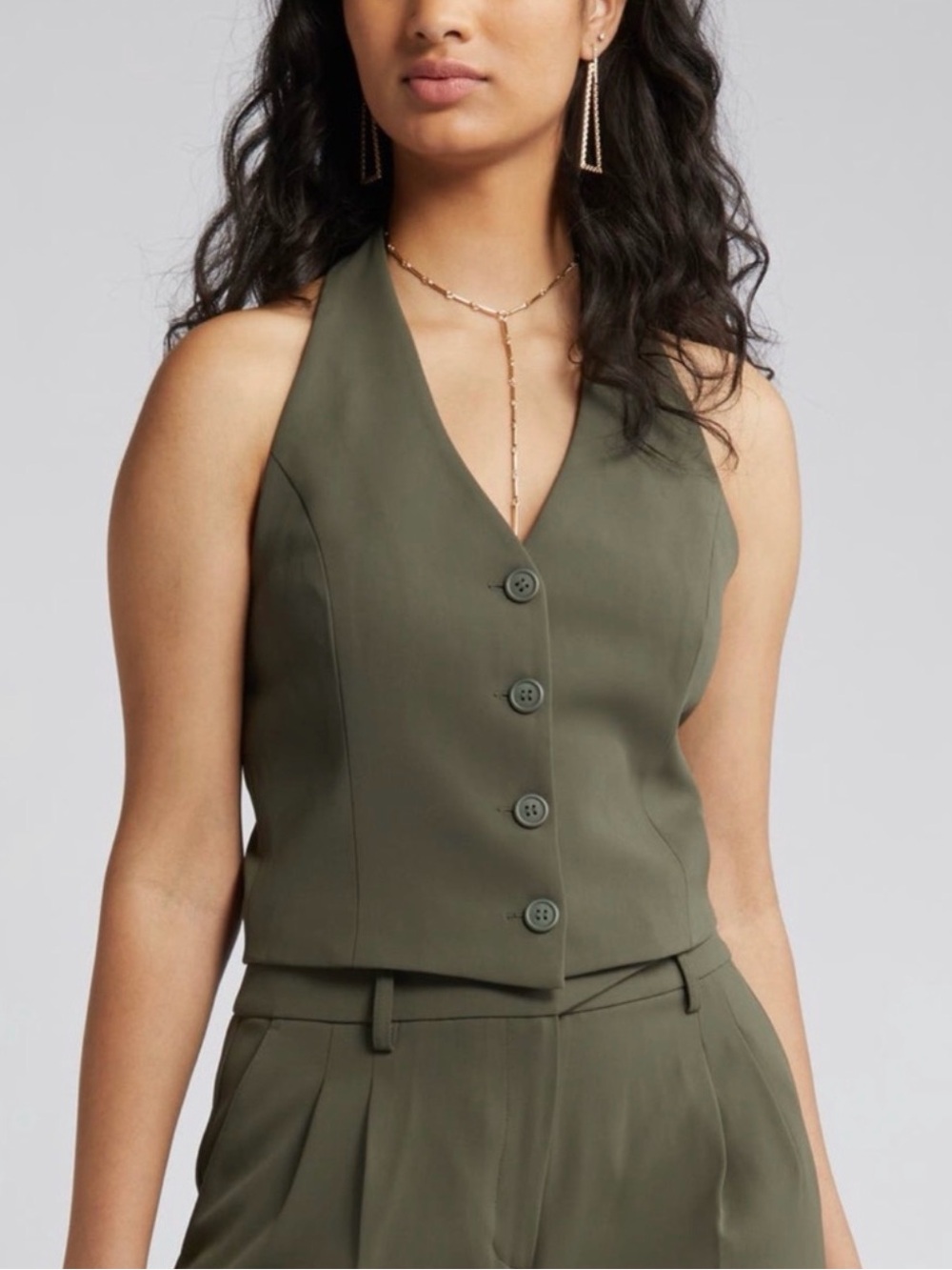 Open Edit Olive Green Halter Vest + Trouser Shorts Matching Set Size XS